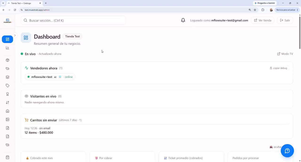 Demostración del panel en vivo de muestralo: visitantes, cobros del día y carritos sin terminar